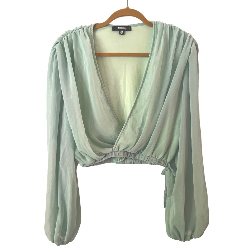 Misguided Balloon Sleeve Wrap Crop Top Ruchef Puff Long Sleeves Mint Green 2